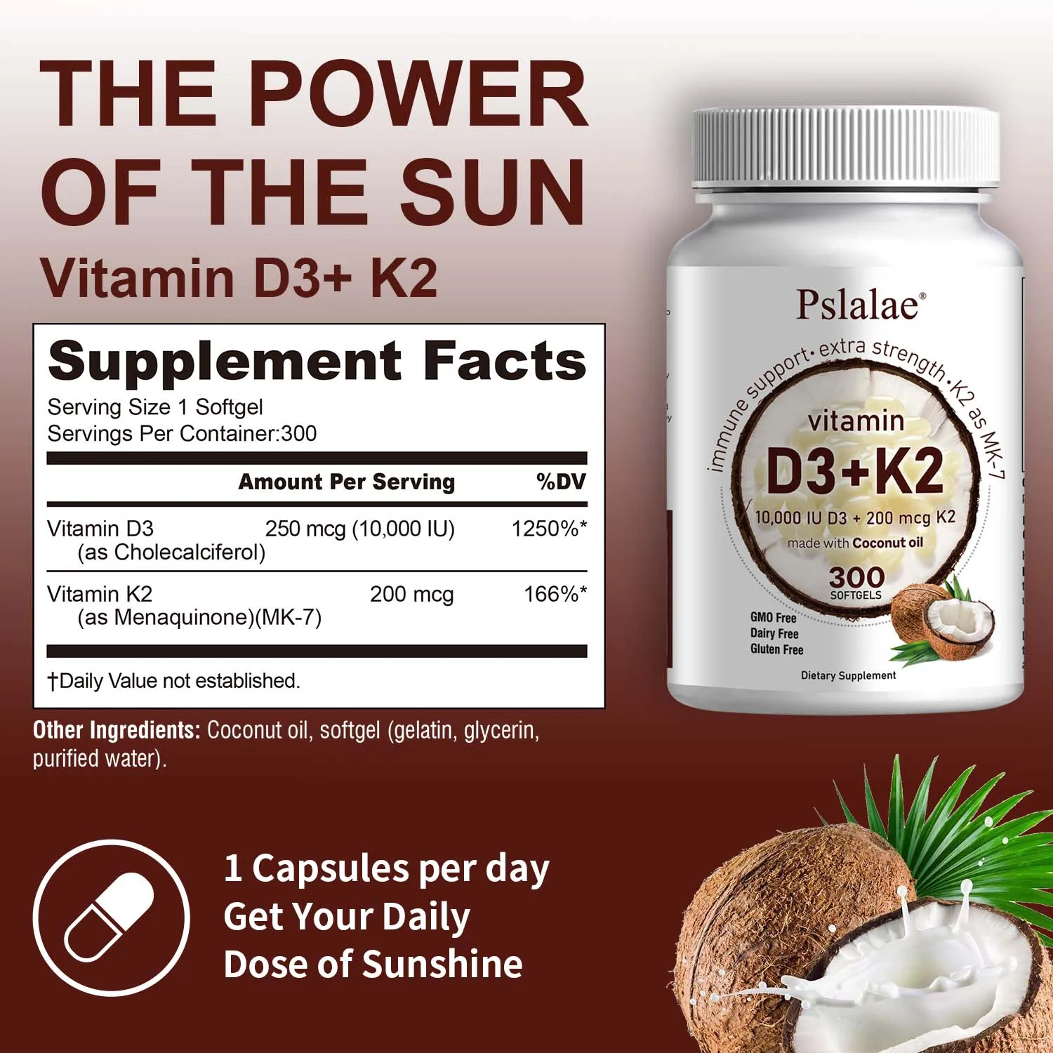 Vitamin D3 10000 IU & K2 200 Mcg - Coconut Oil Softgels - Image 2
